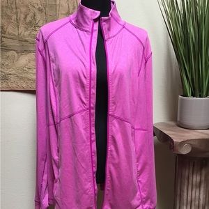 TEC athletic light jacket in two tone pink, large, long sleeve with thumb holes.
